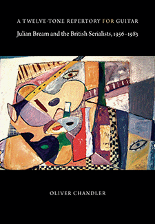 A cubist painting with various musical instruments, including a guitar
